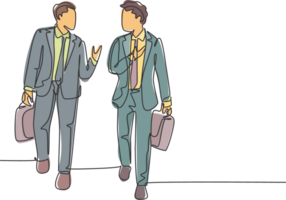 un Célibataire ligne dessin de deux Jeune entreprise affaires Hommes prendre une marcher et parler ensemble après entreprise réunion. affaires conversation concept continu ligne dessiner conception graphique illustration png