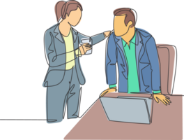 One continuous line drawing of young male and female employees engage in exciting conversations during office breaks. Rest break at work concept single line draw design graphic illustration png