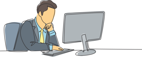 Single continuous line drawing of young male manager sitting on his chair and thinking seriously watching the computer screen. Business analyze concept one line draw design graphic illustration png