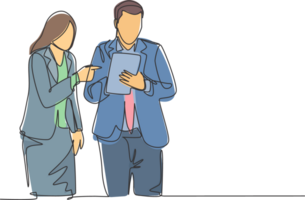 One single line drawing of young male and female employee discussing work while watching annual report graph on tablet phone. Job discussion concept continuous line draw design illustration png