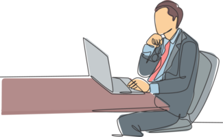 One continuous line drawing of young manager focus thinking and holding his chin using hands while sitting in front the computer. Business idea concept single line draw design illustration png