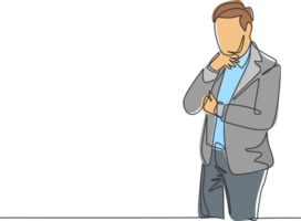 One continuous line drawing of young confused business man standing and focus thinking solution for his business failure. Think brightly concept single line draw design graphic illustration png