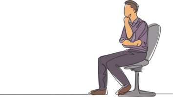 Single continuous line drawing of young male startup founder sitting on office chair and focus thinking company growth strategy. Business thinking concept one line draw design illustration png