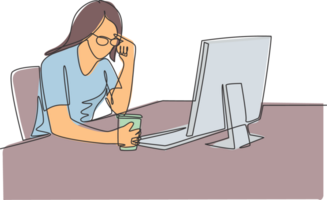 One single line drawing of young female businesswoman sitting and analyzing data chart on computer screen while hold a drink. Business analyze concept continuous line draw design illustration png