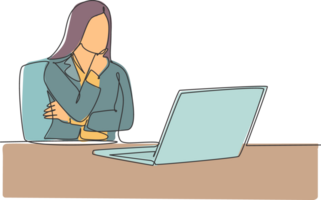 Single continuous line drawing of young female startup founder sitting in front of computer thinking sales strategy to her company. Marketing strategy concept one line draw design illustration png