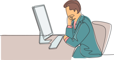 One continuous line drawing of young manager thinking seriously on his desk while holding glasses in front the laptop. Business innovation process concept single line draw design illustration png