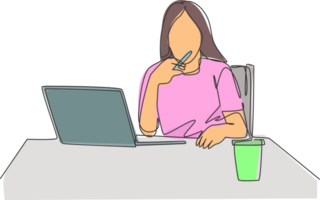 One continuous line drawing of young female employee sitting on her chair and thinking solution for her unfinished work. Think smart concept. Trendy single line draw design graphic illustration png