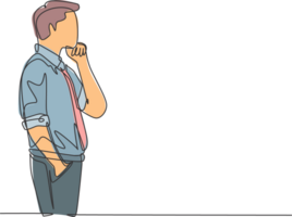One single line drawing of young male worker seriously staring out of the window from the office building. Focus thinking company growth concept continuous line draw design graphic illustration png