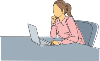 One single line drawing of young female employee sitting in front of the laptop and thinking business solution at the office. Business idea concept continuous line draw design illustration png