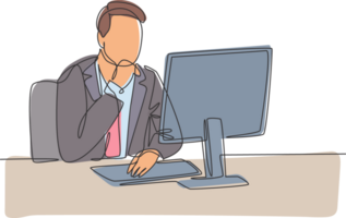 One single line drawing of young startup CEO thinking company growth while he watching annual report on computer screen. Business analysis concept continuous line draw design illustration png