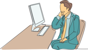 Single continuous line drawing of young startup CEO sitting on the chair and thinking while focus watching data on computer screen. Business analyze concept one line draw design illustration png