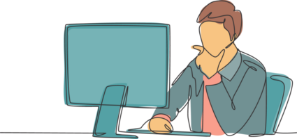 One single line drawing of young startup CEO sitting in front of computer and thinking seriously at the office. Business thinking concept continuous line draw design graphic illustration png