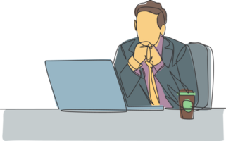 Single continuous line drawing of young male worker sitting and thinking seriously in front of computer screen at the office. Work focus concept one line graphic draw design illustration png
