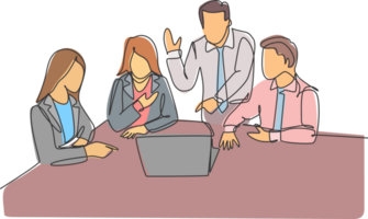 One single line drawing of young happy startup workers facing laptop computer to listen the CEO presenting business plan. Business meeting concept continuous line draw design illustration png