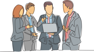 One continuous line drawing of young male manager persuade little chat with some workers while holding a laptop at office. Business presentation single line draw design graphic illustration png