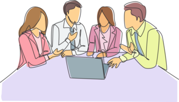 One continuous line drawing of young CEO presenting company business model to female team members at the office. Business meeting concept. Modern single line draw design graphic illustration png