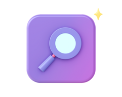 3d render of purple magnifying glass icon for UI UX web mobile apps social media ads design png