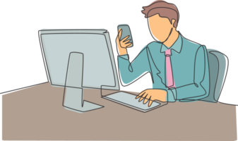 Single continuous line drawing of young manager typing message on smartphone and sending it to his colleague while sitting at the office. Text messaging concept one line draw design illustration png