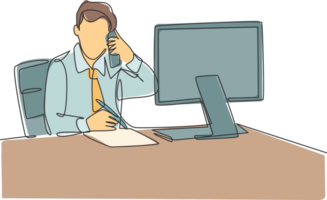 One single line drawing of young startup CEO writing business deal draft on paper and consulting it with his mentor on phone. Business mentoring concept continuous line draw design illustration png