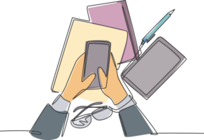 One single line drawing of gesture finger hand holding smartphone device with stack of books and glasses below. Telecommunication gadget concept. Trendy continuous line draw design illustration png