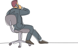 Single continuous line drawing of young businessman sitting on work chair while receive a call from his partner from back view. Business talk concept. One line draw design illustration graphic png