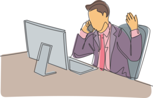 One continuous line drawing of young male employee get call from his manager and asking to explain sales dropped. Sales decrease problem concept single line draw design graphic illustration png