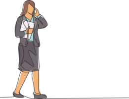 Single continuous line drawing of young businesswoman walking to the office and talking on the smartphone with her friend. Business call concept. One line draw design graphic illustration png