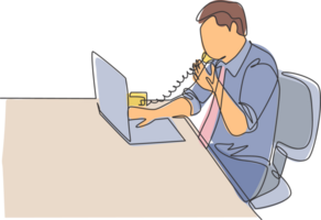 One continuous line drawing of young programmer take a phone call using analog phone to ask coding language to his friend at the office. Programming concept single line draw design illustration png