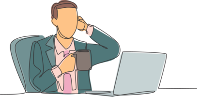 Single continuous line drawing of young happy manager sitting at his work desk and calling his partner with smartphone. Business conversation concept. One line draw graphic design illustration png