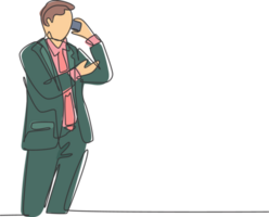 Single continuous line drawing of young startup CEO standing and holding a smartphone to call colleague asking for business agreement. Business chat concept one line draw design illustration png