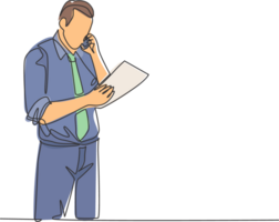 One single line drawing of young manager call recruitment manager with cellphone and ask application letter from applicant. Employee recruitment concept continuous line draw design illustration png