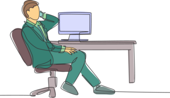 Single continuous line drawing of young male director sitting on work chair and calling his managers in front of computer. Business talk concept one line draw design graphic illustration png