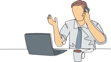 One continuous line drawing of young male manager typing on laptop and receiving a phone call from business colleague. Office work load concept single line draw graphic design illustration png