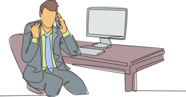 Single continuous line drawing of young furious male manager holding a smartphone and calling his staff at office to ask report. Discussion on phone concept one line draw design illustration png