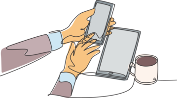 One single line drawing of gesture hand holding touch smartphone screen doing transaction online shopping beside mug of drink. Device gadget concept continuous line draw design illustration png