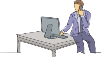 Single continuous line drawing of young business man sitting on desk staring on computer screen and holding a phone calling his staff. Business talk concept one line draw design illustration png