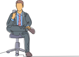 One single line drawing of young male manager touch smartphone screen during sitting relax on work chair and texting to partner. Work rest concept continuous line draw design illustration png