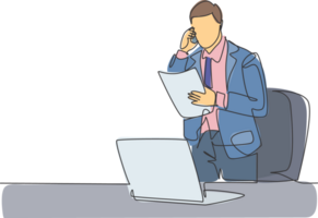 Single continuous line drawing of young marketing manager reading sales report from sales division during receiving a phone call. Company report concept one line draw design illustration png