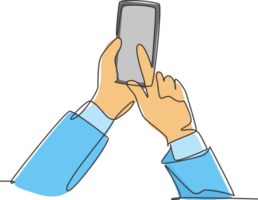 One continuous line drawing of gesture hands holding and touch the screen of smartphone to finish transaction on online shop. Gadget device concept single line draw design graphic illustration png