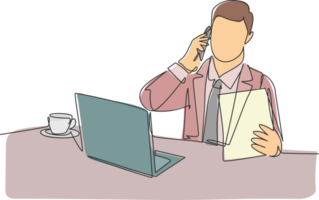 One single line drawing of young male manager reading company annual report while receiving phone call from staff at the office. Check report concept continuous line draw design illustration png