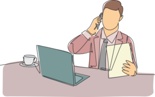 einer Single Linie Zeichnung von jung männlich Manager lesen Unternehmen jährlich Bericht während Empfang Telefon Anruf von Mitarbeiter beim das Büro. prüfen Bericht Konzept kontinuierlich Linie zeichnen Design Illustration png