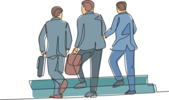 One single line drawing of young male businessmen discussing work while walking together on citystreet to the office. Urban commuter workers concept continuous line draw design illustration png
