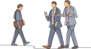 Single continuous line drawing of young happy business men talking to his colleagues when walking approaching the office. Business conversation concept. One line draw design illustration png