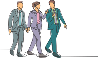 One continuous line drawing of young male and female managers talking and walking together on office lobby to go to canteen. Urban commuter workers concept single line draw design illustration png