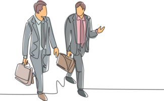 Single continuous line drawing of young happy business men talking to his colleagues when walking approaching the office. Business conversation concept. One line draw design illustration png