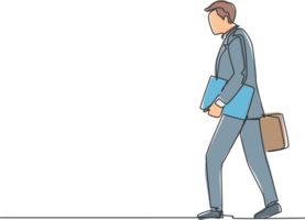 One single line drawing of young male worker walking hurry on citystreet to go to the office while holding document. Urban commuter worker concept continuous line draw design illustration png