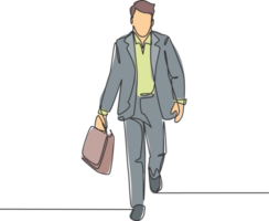One single line drawing of young male manager walking in hurry at city street try not be late for work meeting at office. Urban commuter worker concept continuous line draw design illustration png