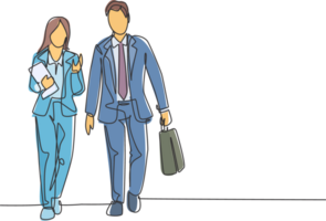 One single line drawing of young couple male and female managers discussing new strategy plan to company growth. Urban commuter workers concept continuous line draw design graphic illustration png