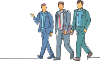 One continuous line drawing of young happy businessmen walking together and discussing new big collaboration project. Urban commuter workers concept single line graphic draw design illustration png