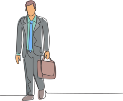 One single line drawing of young male manager walking on townstreet to go to the office while holding suitcase. Urban commuter worker concept continuous line draw design illustration png